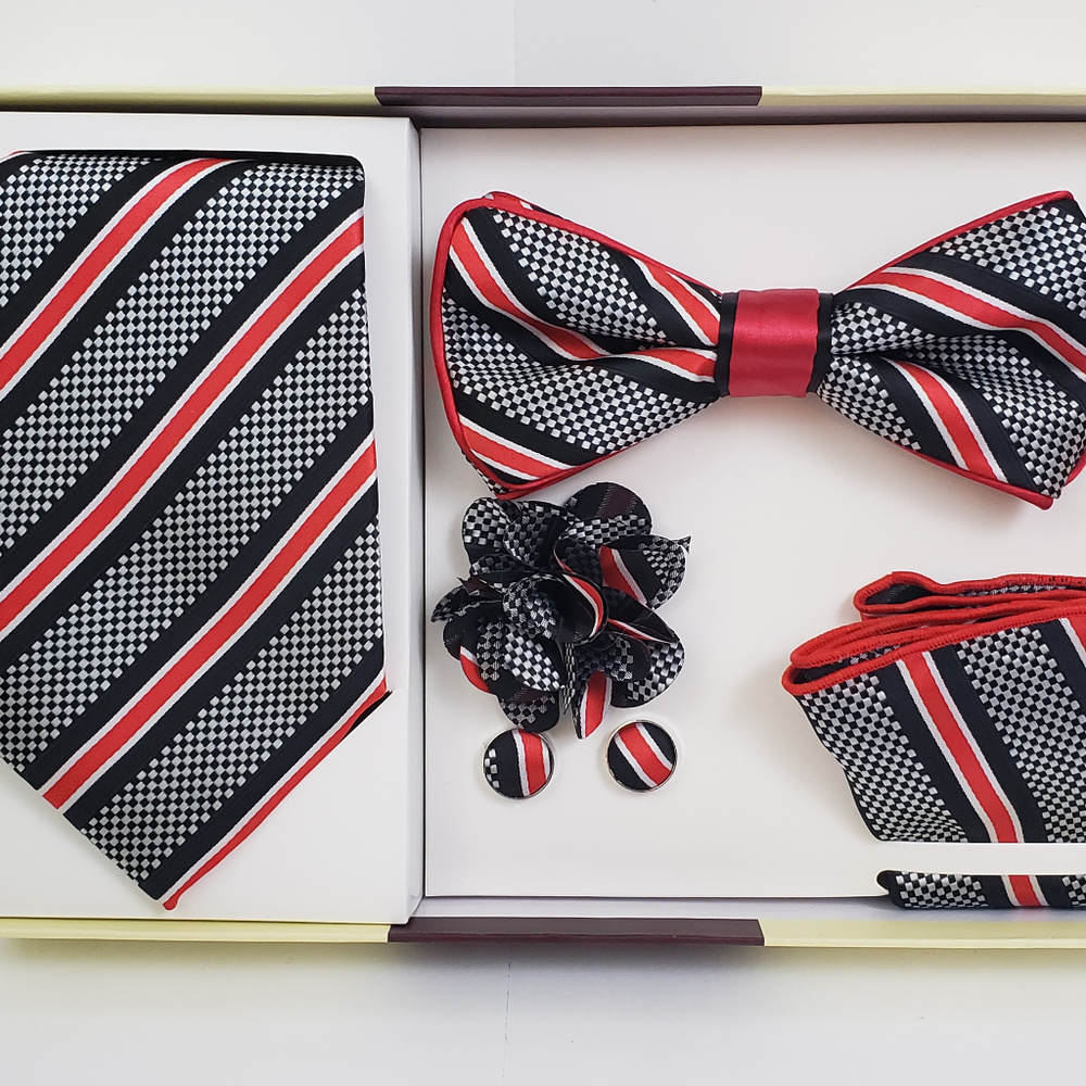 Grey Red Bow Tie & Necktie Bud Hanky CuffLink Set